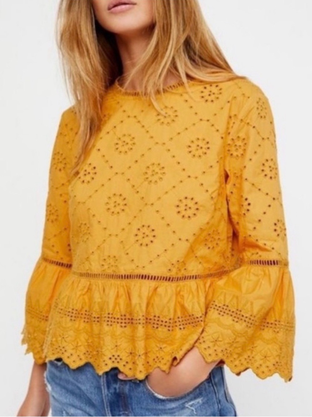 Free People  Merci Beaucoup Eyelet Bell Sleeve Blouse⁠
